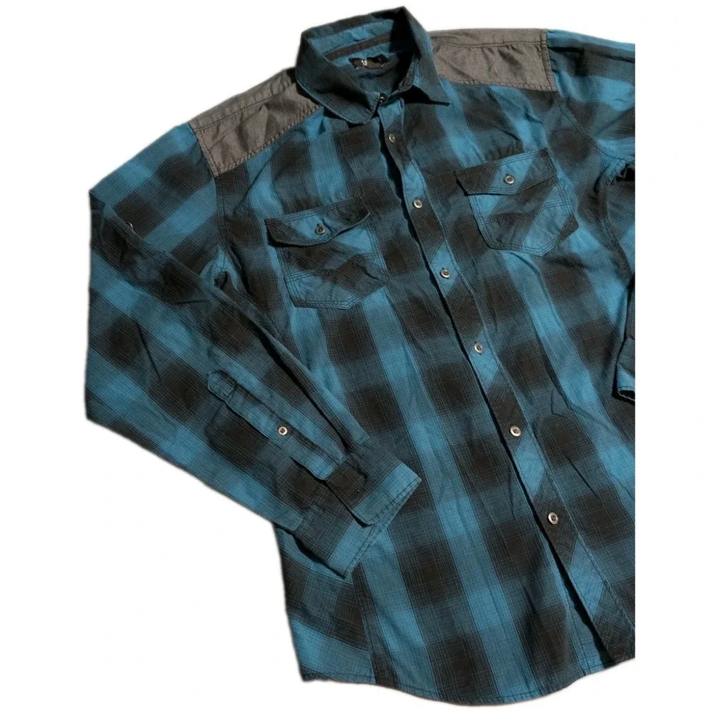 Rock & Republic Mens Large Plaid Button Up Shirt Blue Black Western Long Sleeve